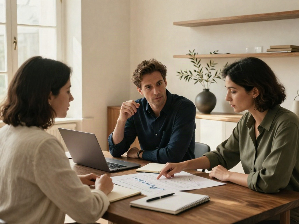 Advisors discussing financial charts and business priorities during a collaborative review session