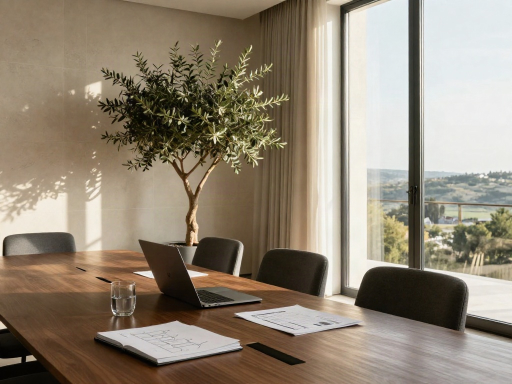 Sunlit executive meeting room with business analysis documents on a walnut conference table